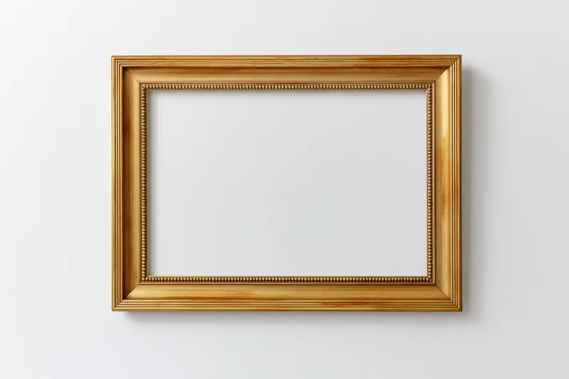 Empty gold picture frame with beaded molding hanging on white wall