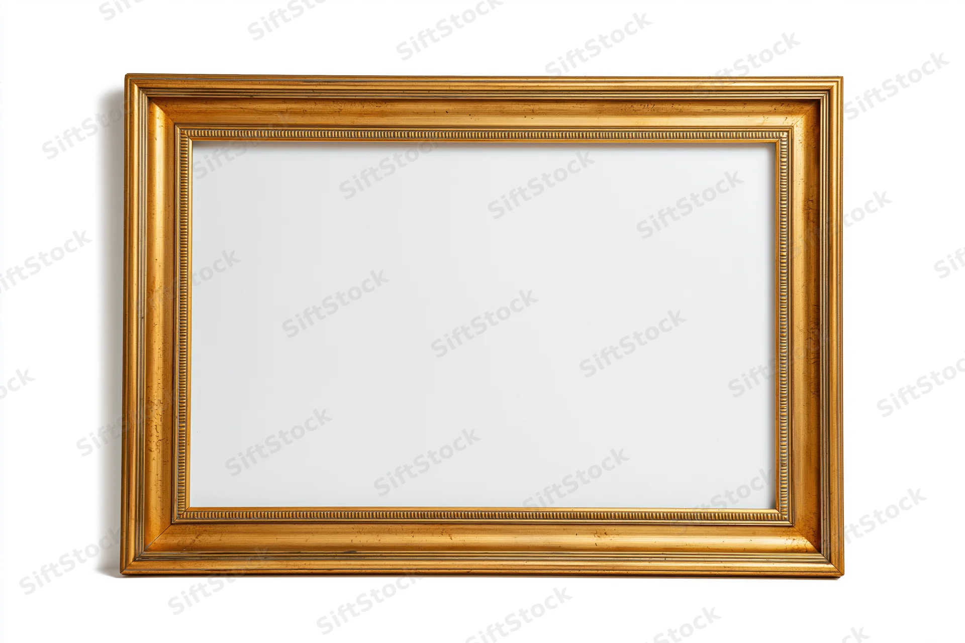 Empty gold ornate picture frame with beaded molding on white background