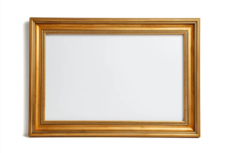 Empty gold ornate picture frame with beaded molding on white background