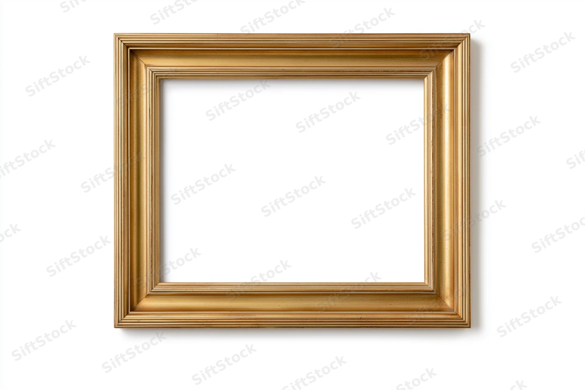 Empty gold picture frame with thin beaded molding on white background