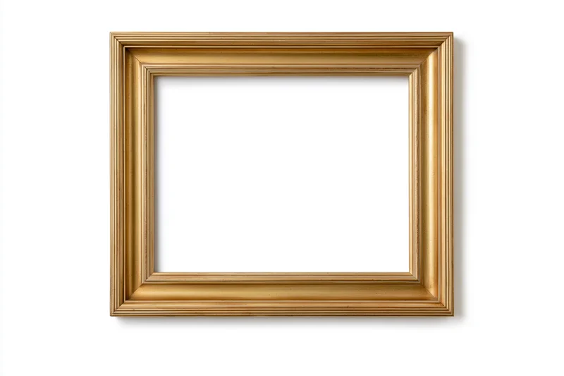 Empty gold picture frame with thin beaded molding on white background