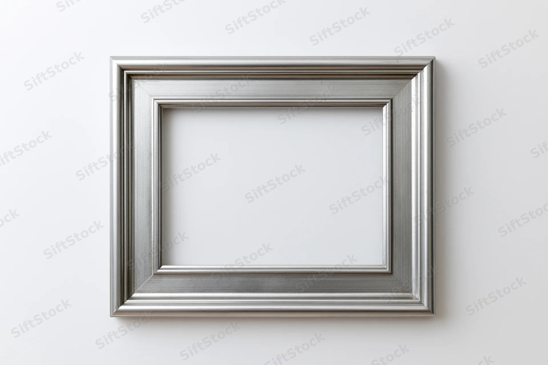 Silver picture frame with molded edges hanging on a white wall