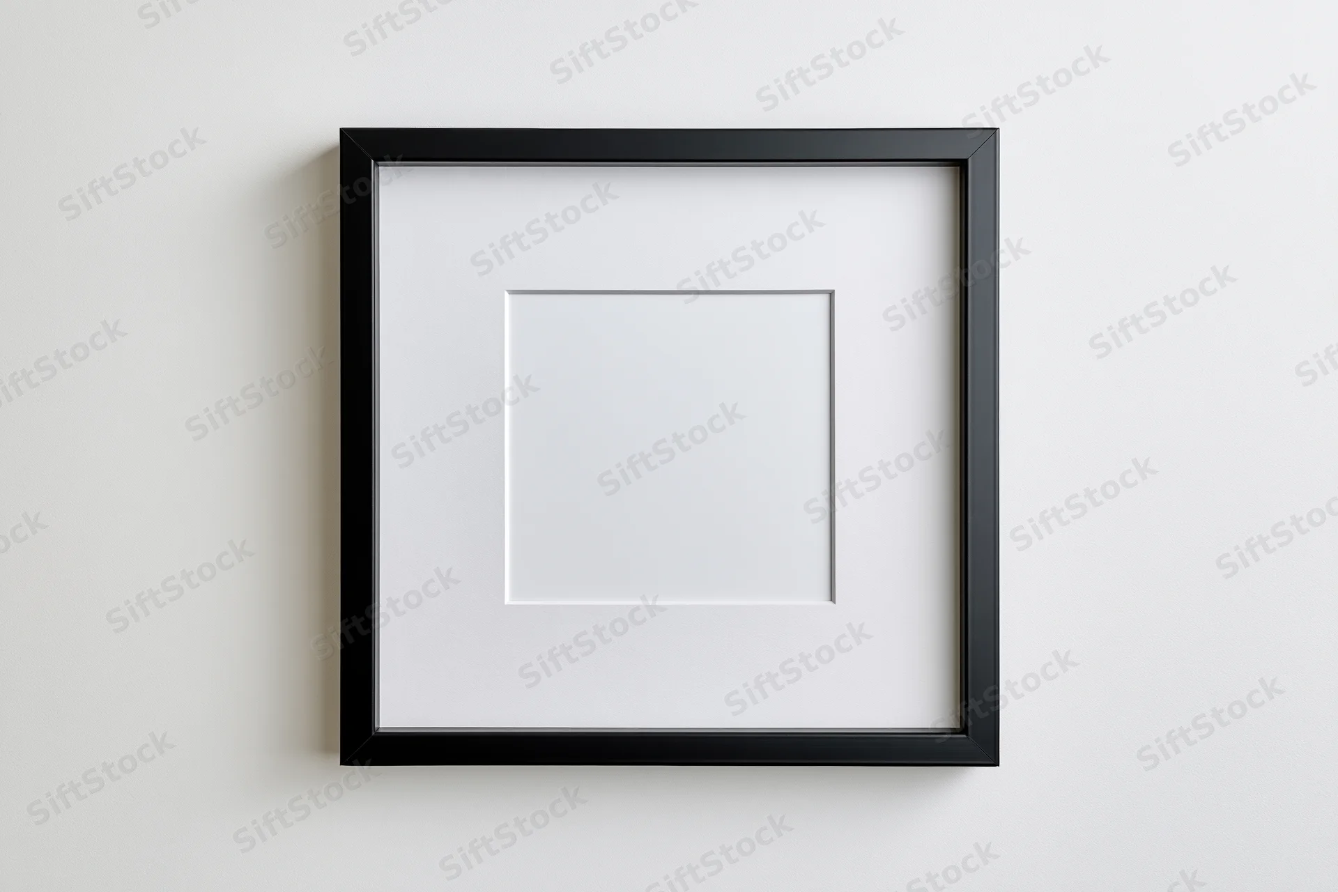 Black square frame with white mat centered on a plain wall