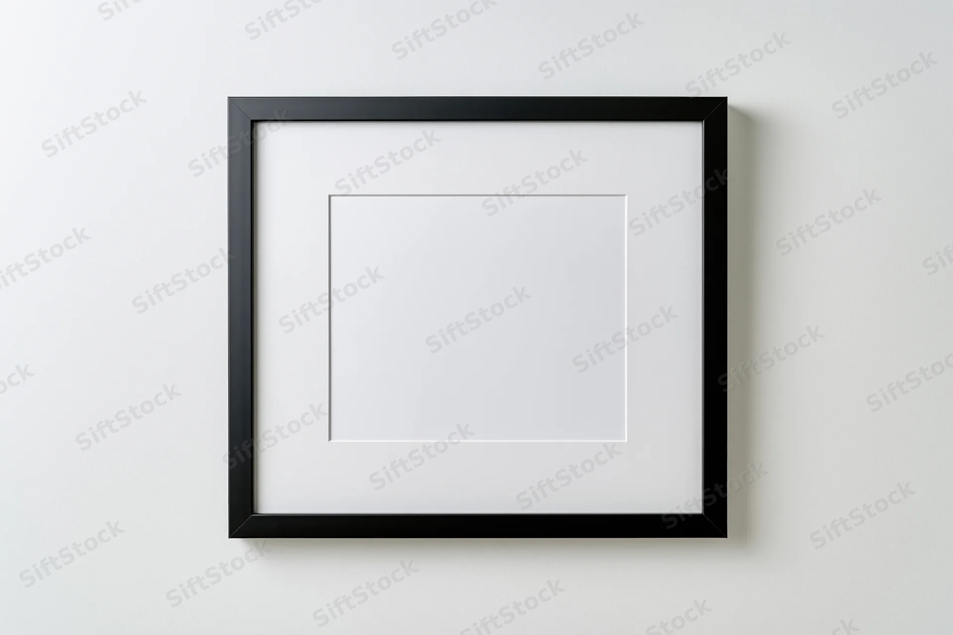 Black square picture frame with white mat centered on a plain wall