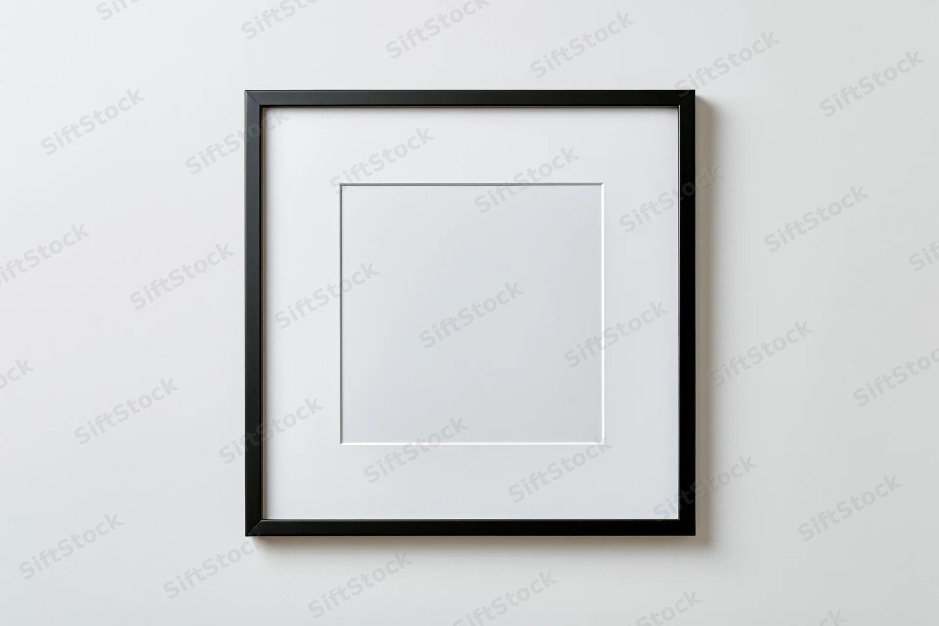 Empty square black picture frame with white mat centered on a plain white wall