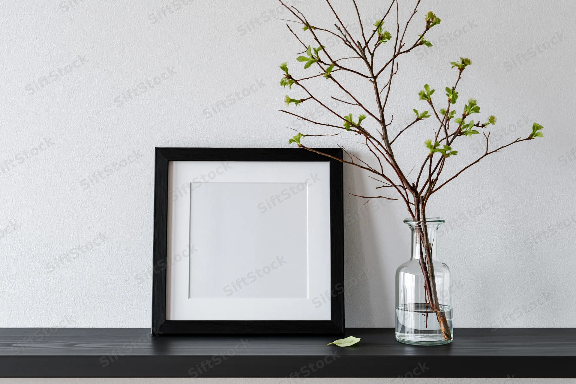 Empty black picture frame with white mat leaning on dark shelf beside glass vase holding spring branches