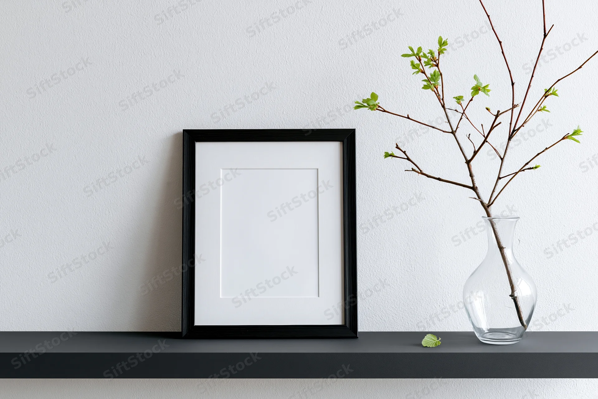 Black picture frame with white mat leaning on dark shelf beside glass vase holding spring branches