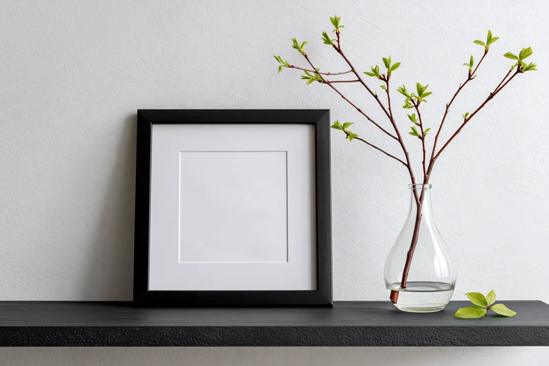 Empty black frame with white mat leaning on dark shelf beside glass vase holding spring branches