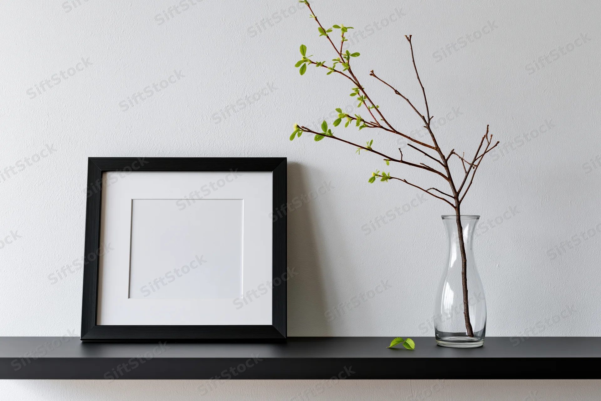 Empty black picture frame with white mat leaning on black shelf beside glass vase holding leafy branch