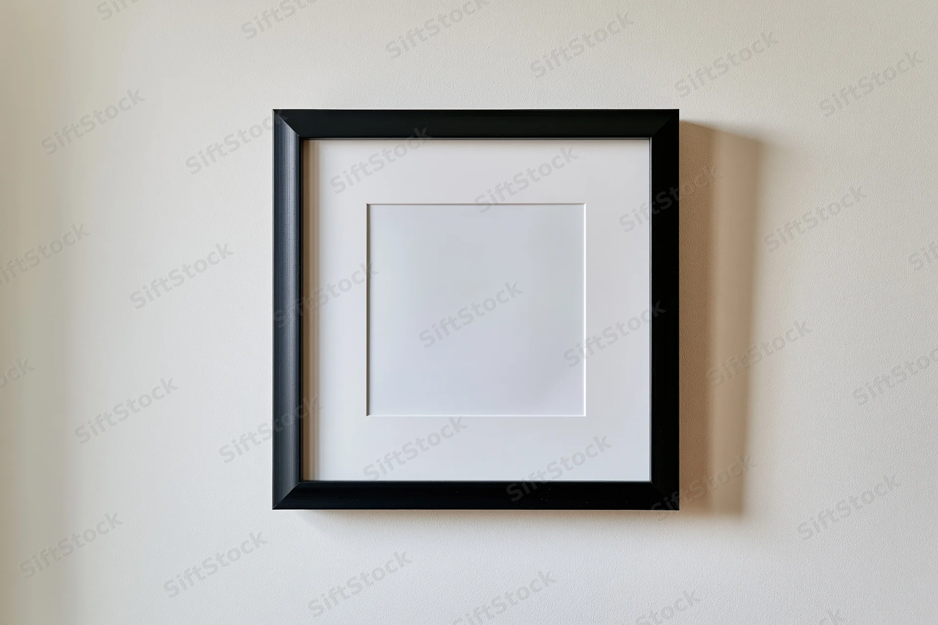 Black square picture frame with white mat mounted flush on a white wall