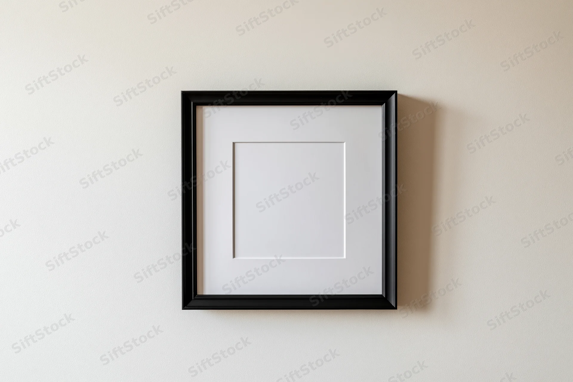 Black square frame with white mat mounted flush on a beige wall