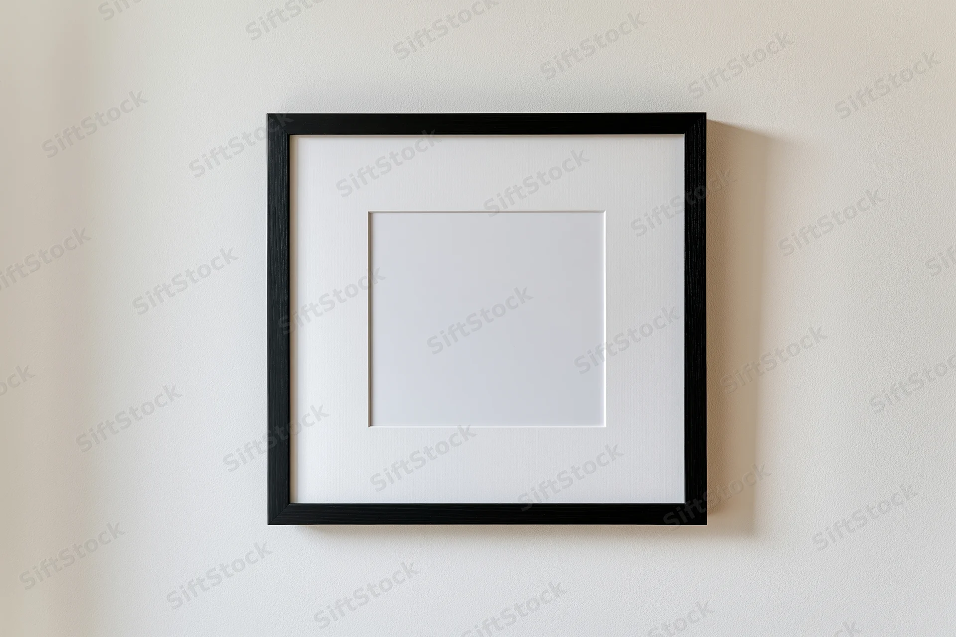 Black square frame with white mat mounted flush on a beige wall