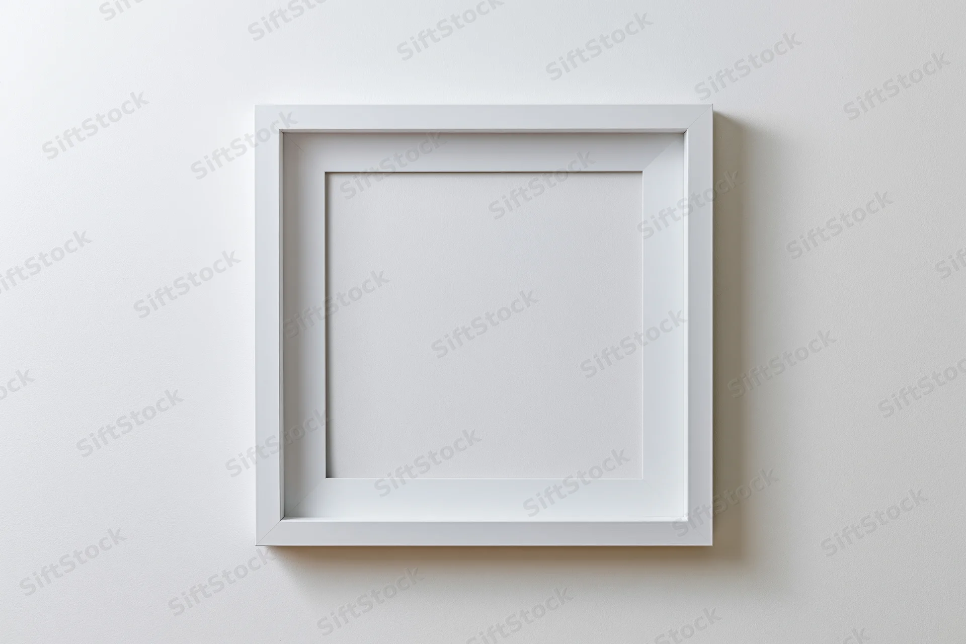 White square picture frame hanging on a plain wall