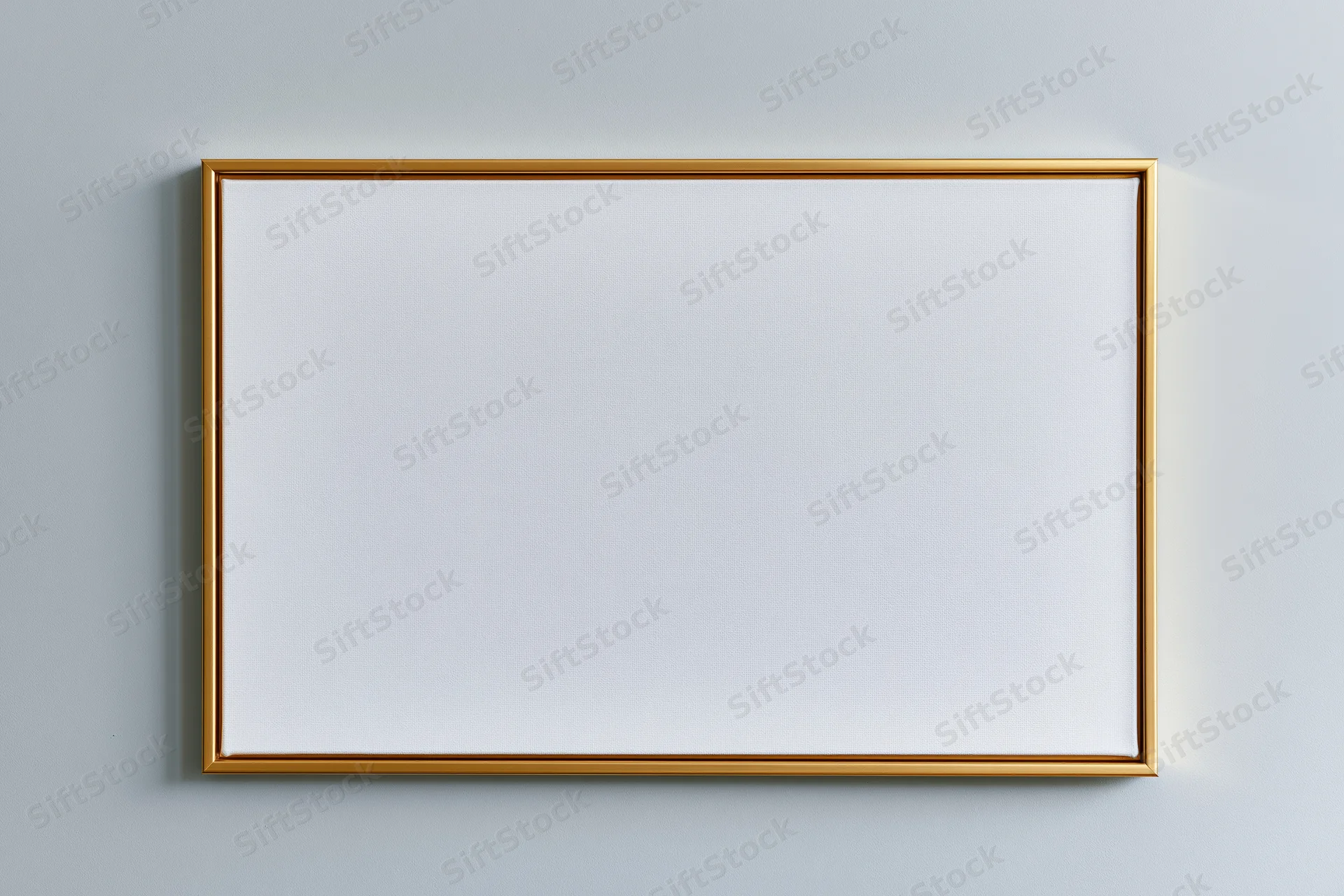 Gold-framed blank canvas hanging on a light gray wall