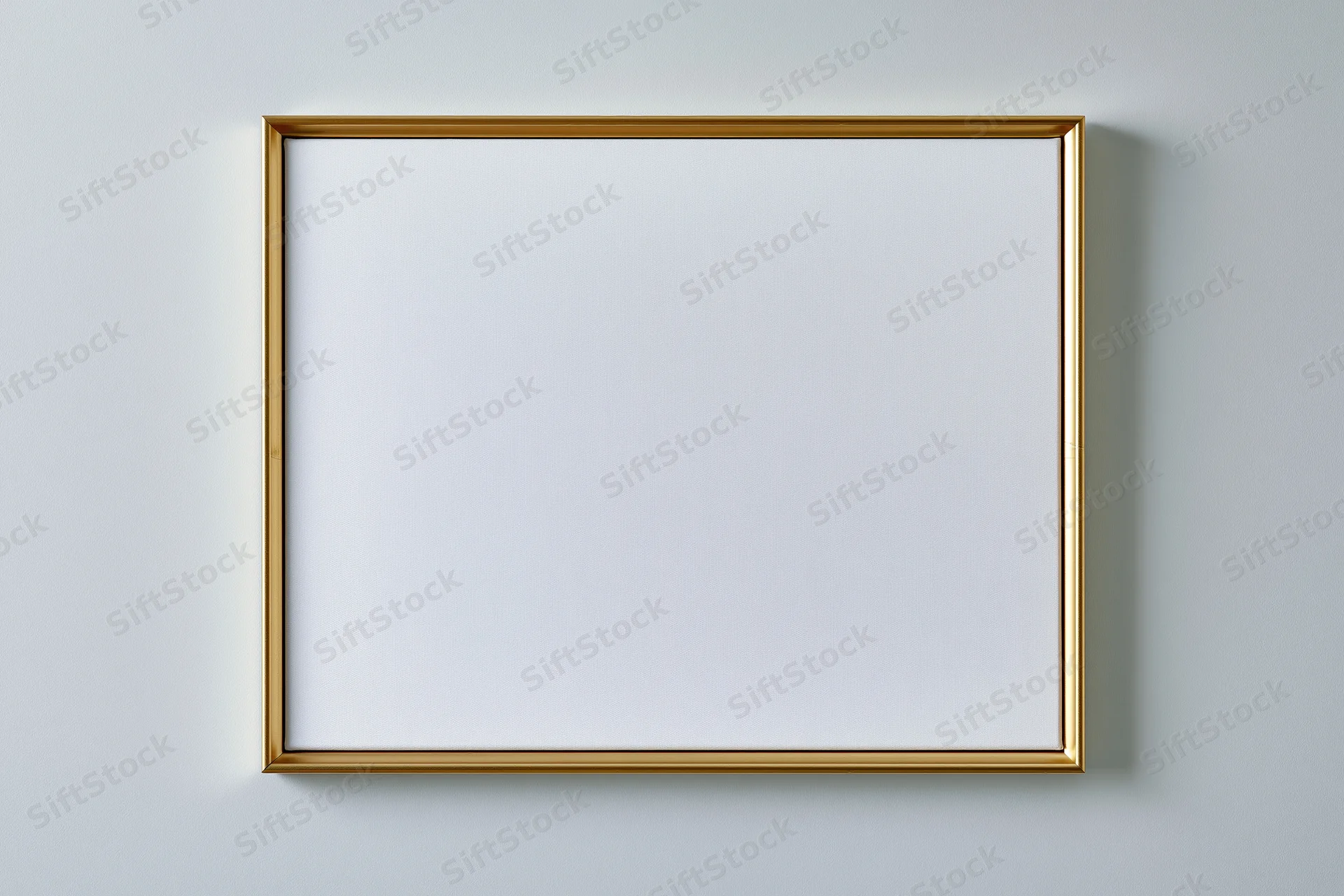 Gold picture frame with blank white canvas hanging on a light gray wall