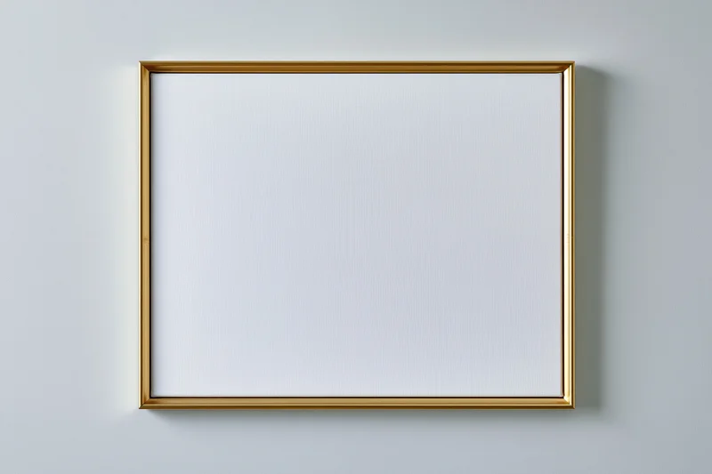 Gold picture frame with blank white canvas hanging on a light gray wall