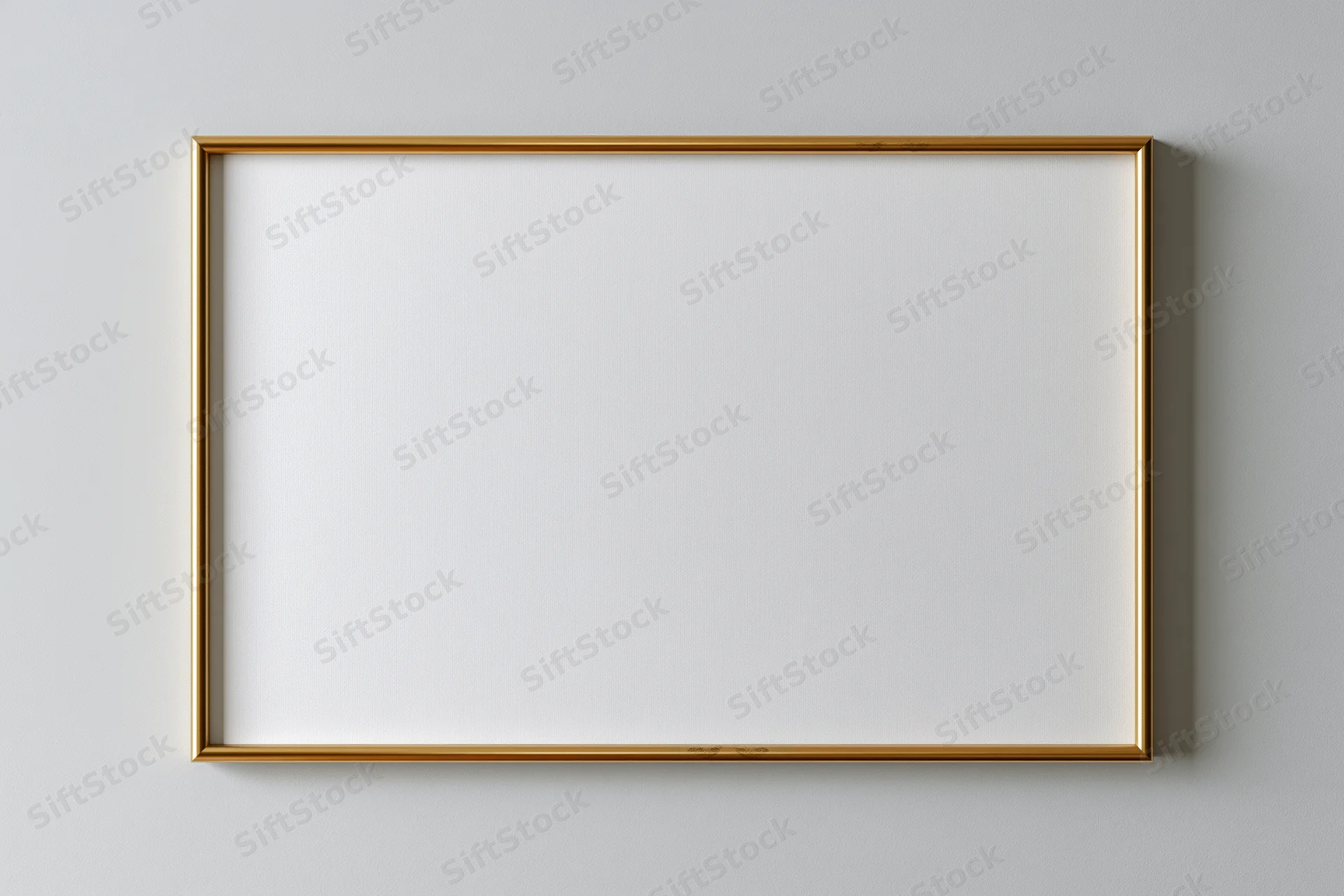 Thin gold frame with white blank canvas hanging on a light gray wall