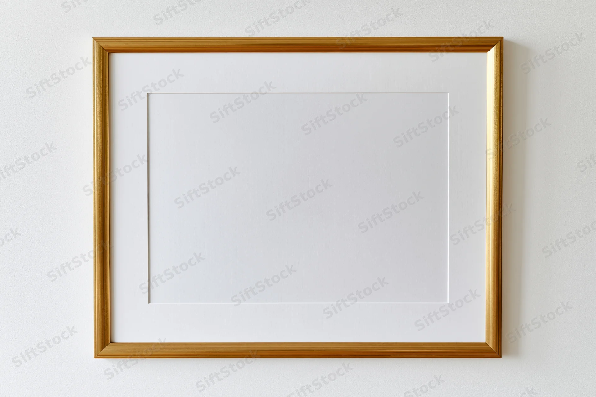 Gold picture frame with blank white mat mounted on white wall