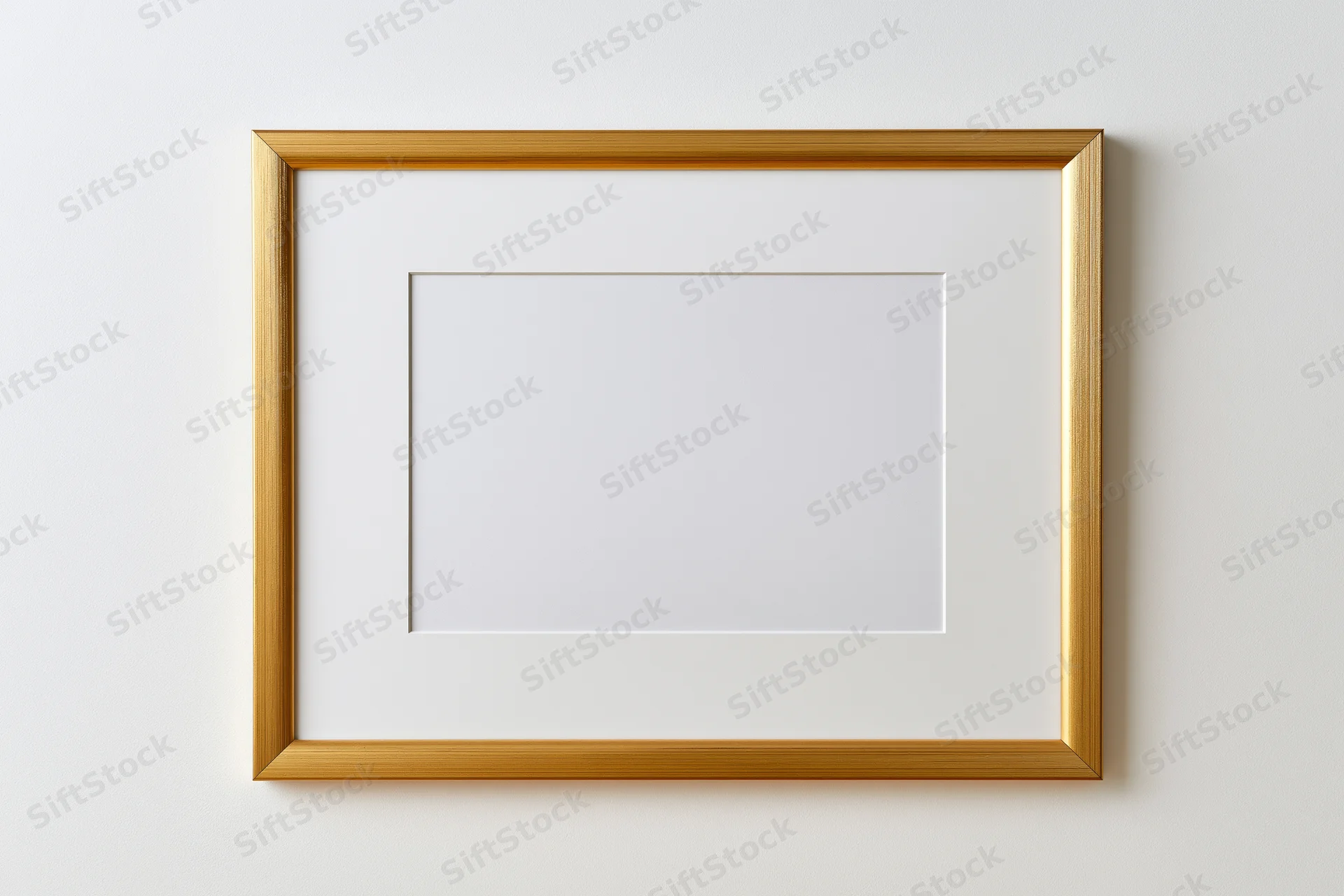 Thin gold picture frame with blank white interior mount hanging on a white wall
