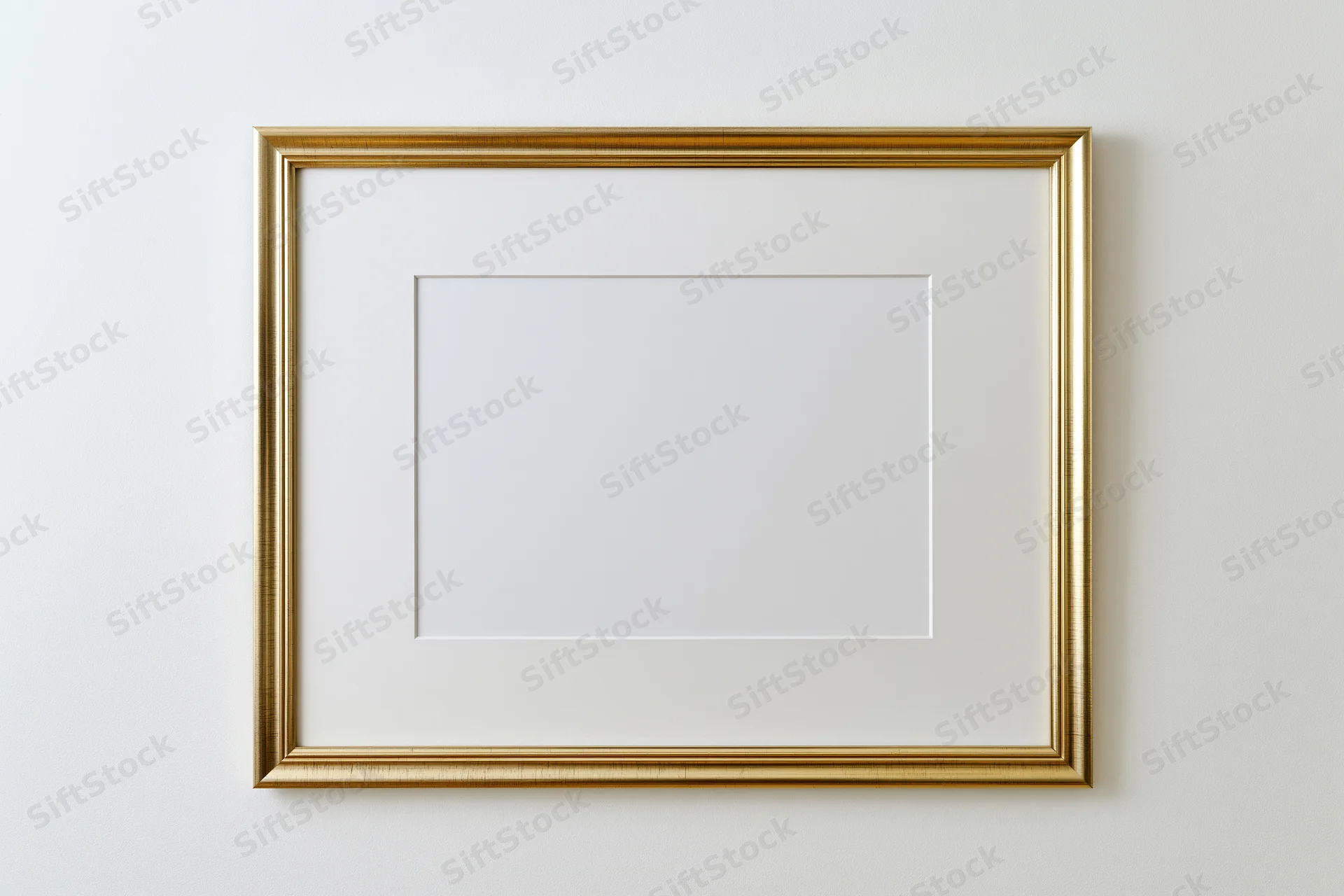 Gold picture frame with blank white interior mount hanging on a white wall