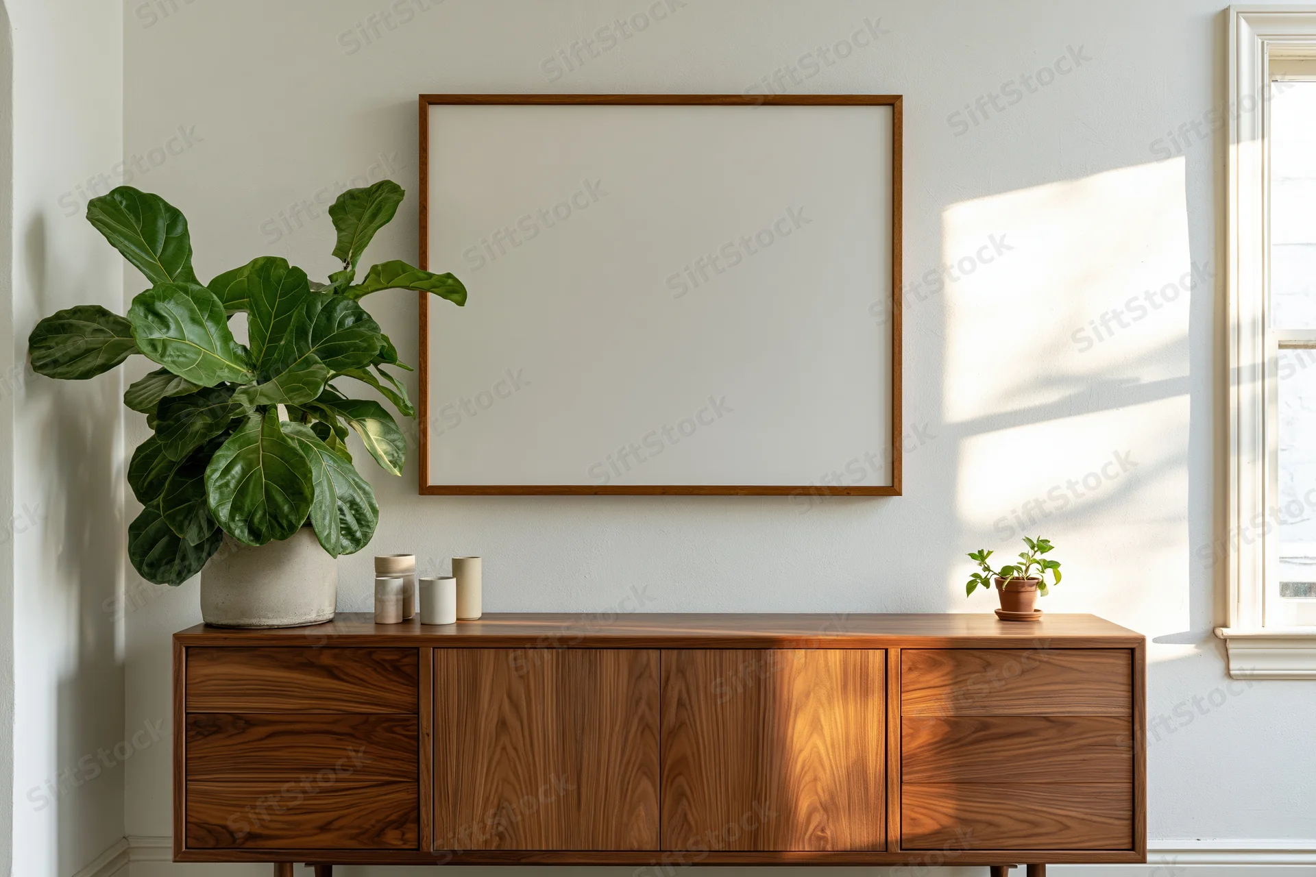 Empty wooden frame mounted on white wall above wooden sideboard with potted plant and small vases, near window with sunlight casting shadows