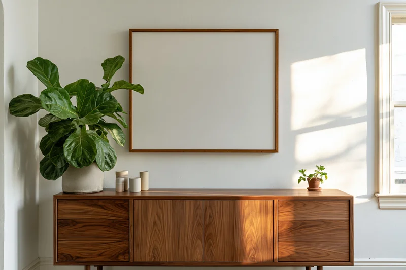 Empty wooden frame mounted on white wall above wooden sideboard with potted plant and small vases, near window with sunlight casting shadows