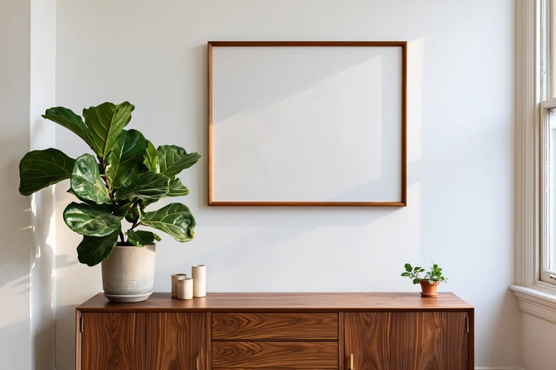 Empty wooden frame mounted on white wall above wooden cabinet with potted plant and small decor items