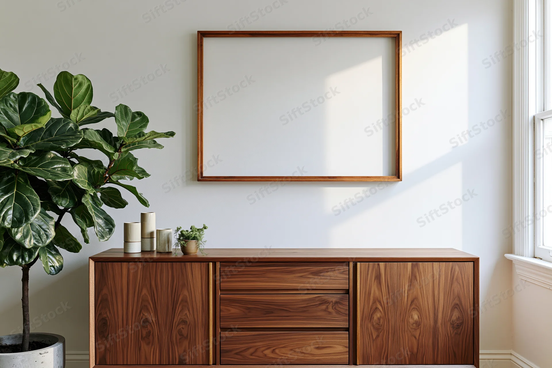 Empty wooden frame mounted on white wall above wooden sideboard with plant and vases in modern living room