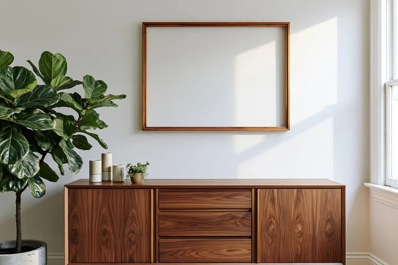 Empty wooden frame mounted on white wall above wooden sideboard with plant and vases in modern living room