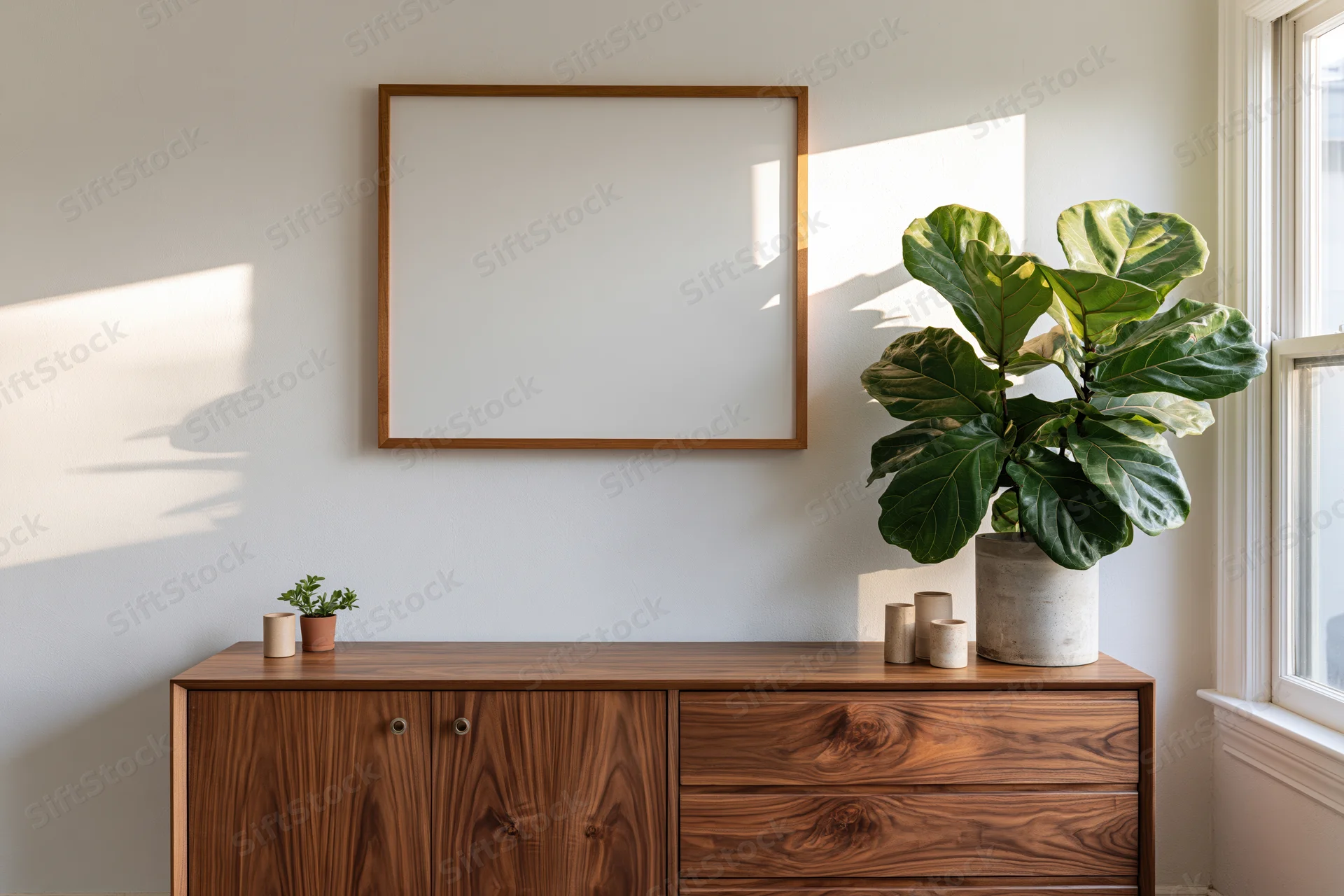 Empty wooden frame on white wall above wooden dresser with fiddleleaf plant and small pots near window
