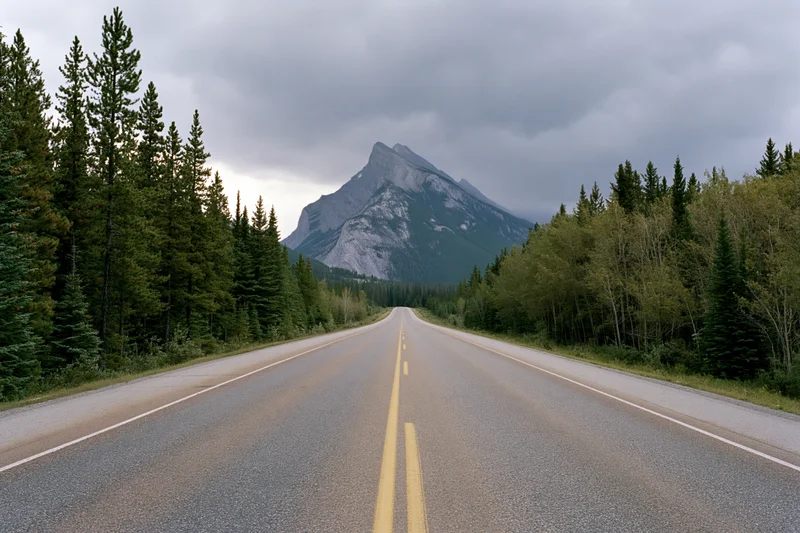Straight asphalt highway stretching toward a mountain through a forested landscape