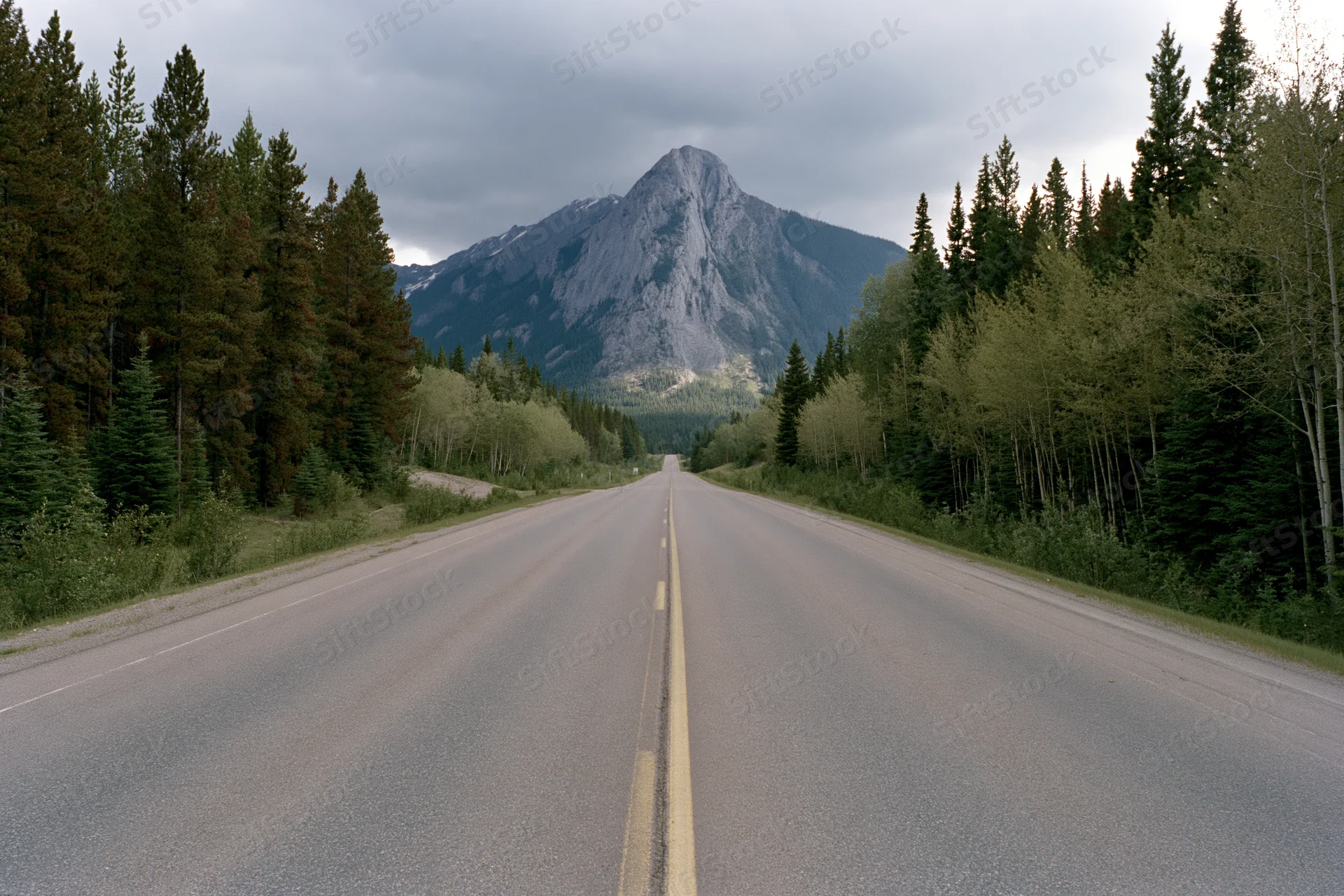 Straight asphalt highway through forested valley leading to mountain peak under cloudy sky