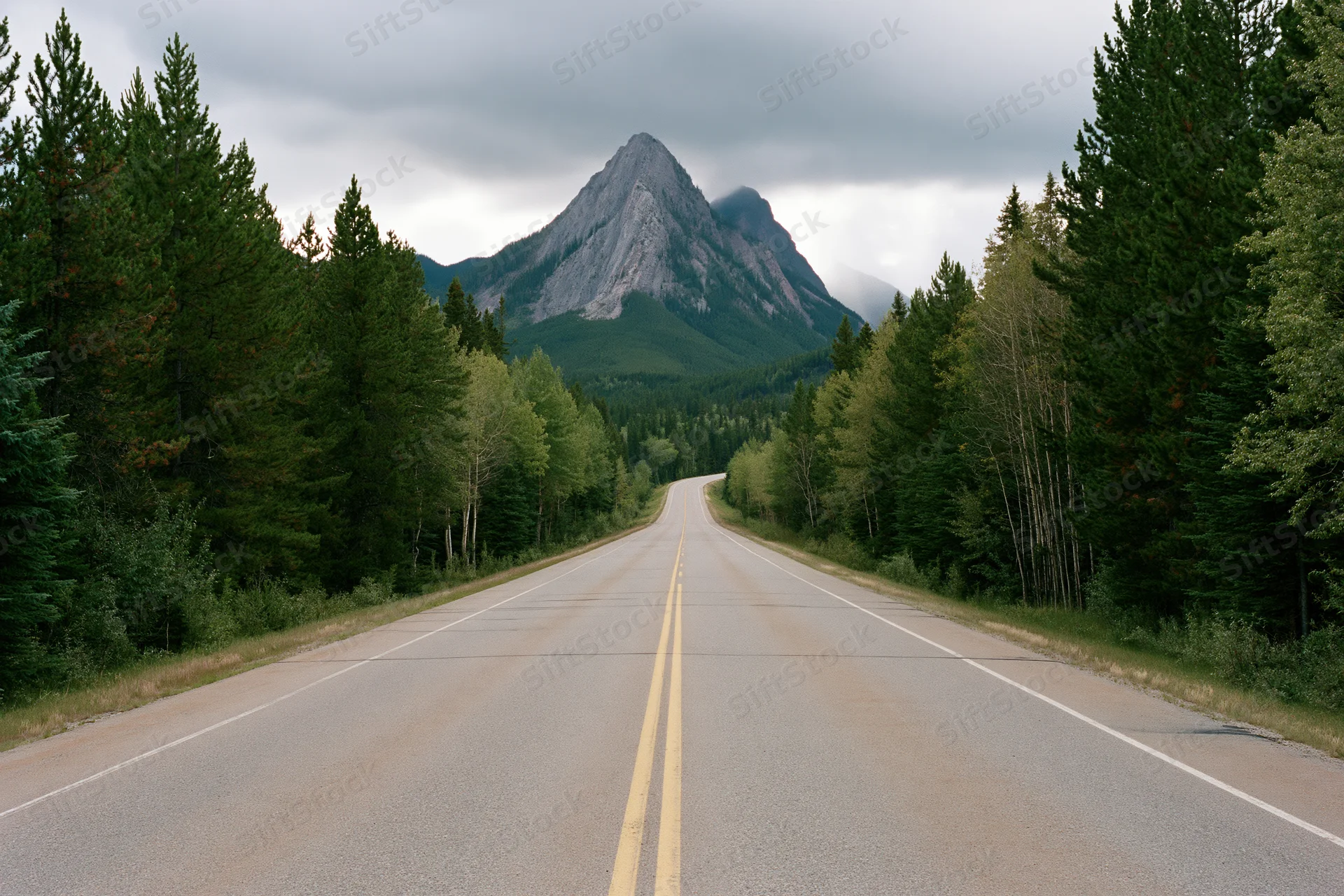 Straight asphalt highway through dense pine forest leading to a distant mountain peak under cloudy sky