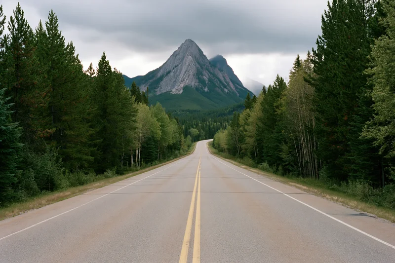 Straight asphalt highway through dense pine forest leading to a distant mountain peak under cloudy sky