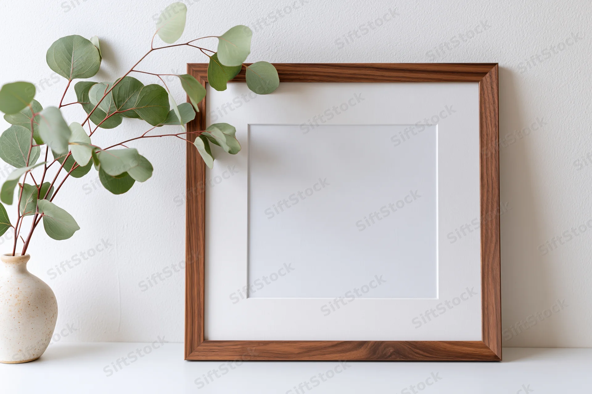 Empty walnut wood picture frame with white mat leaning against white wall beside ceramic vase with eucalyptus branches