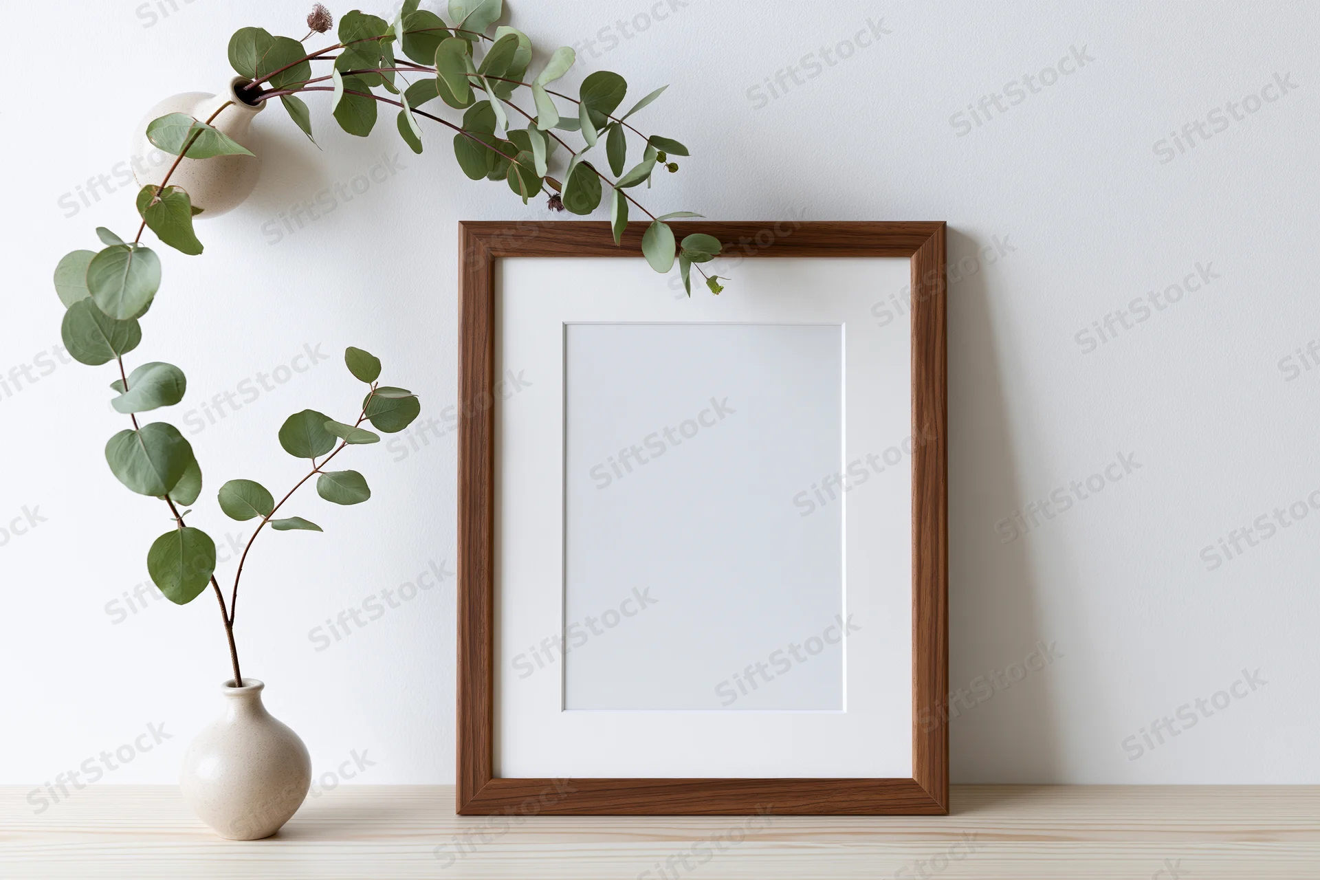 Empty walnut wood frame with white mat leaning against white wall beside ceramic vase holding eucalyptus branches on wooden shelf