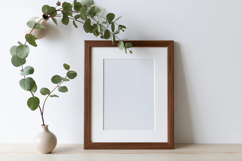 Empty walnut wood frame with white mat leaning against white wall beside ceramic vase holding eucalyptus branches on wooden shelf