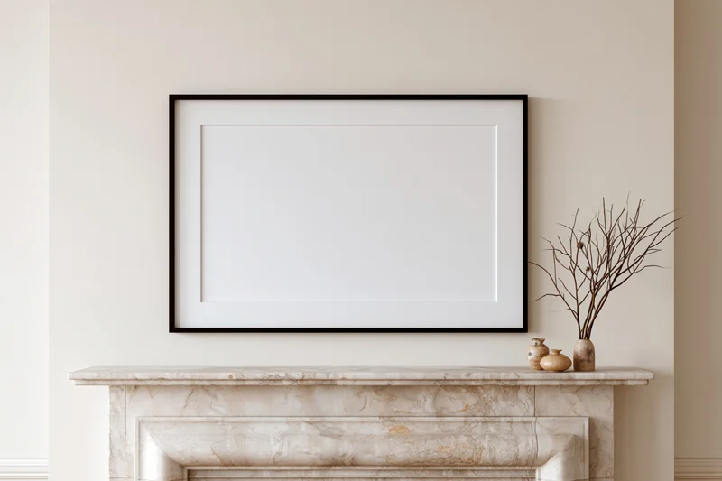 Empty black-framed picture hanging above a marble fireplace mantel with decorative vases and branches