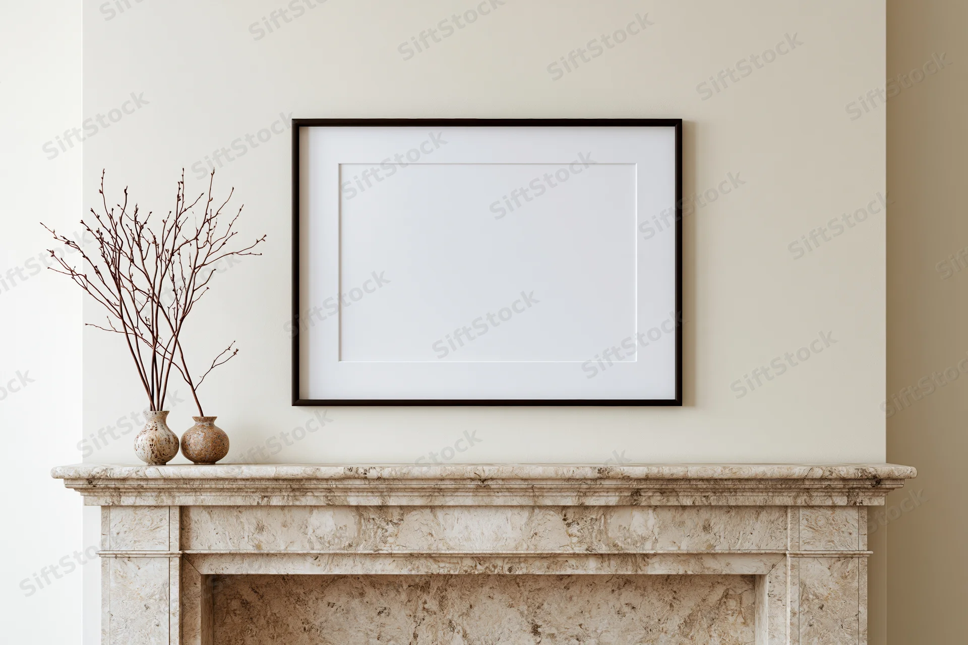 Empty black-framed picture hanging above a marble fireplace mantel with two vases of bare branches