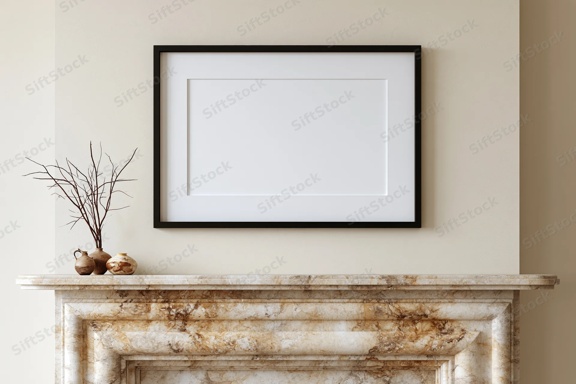 Black frame with white mat hanging above marble fireplace mantel with decorative vases and branches