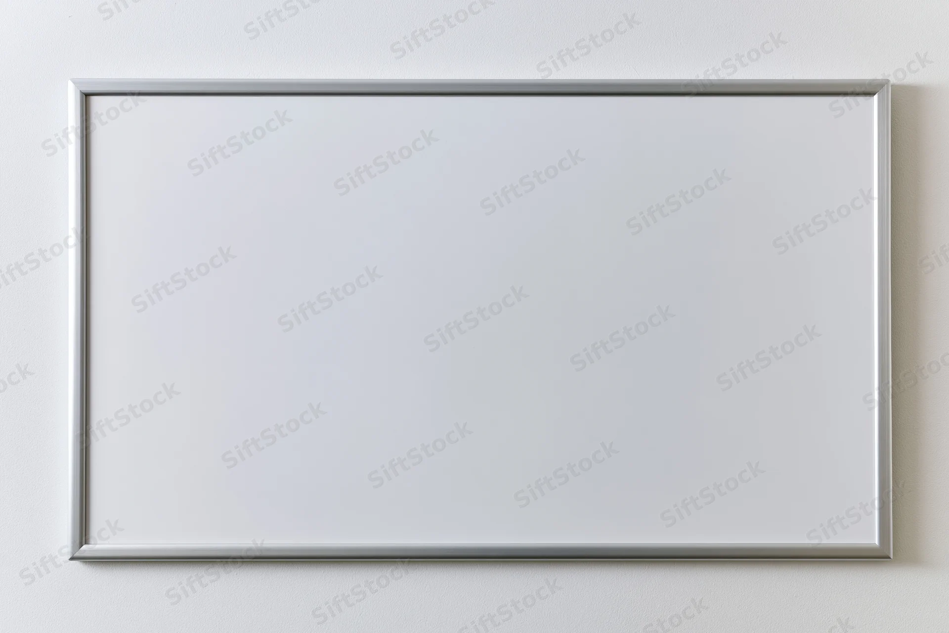 Empty white dry-erase board with thin aluminum frame mounted on white wall