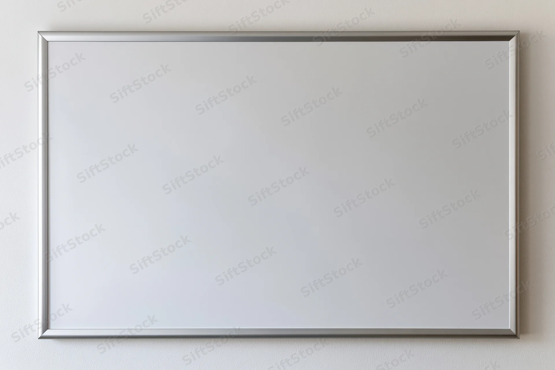 Empty white dry-erase board with thin brushed aluminum frame mounted on a white wall