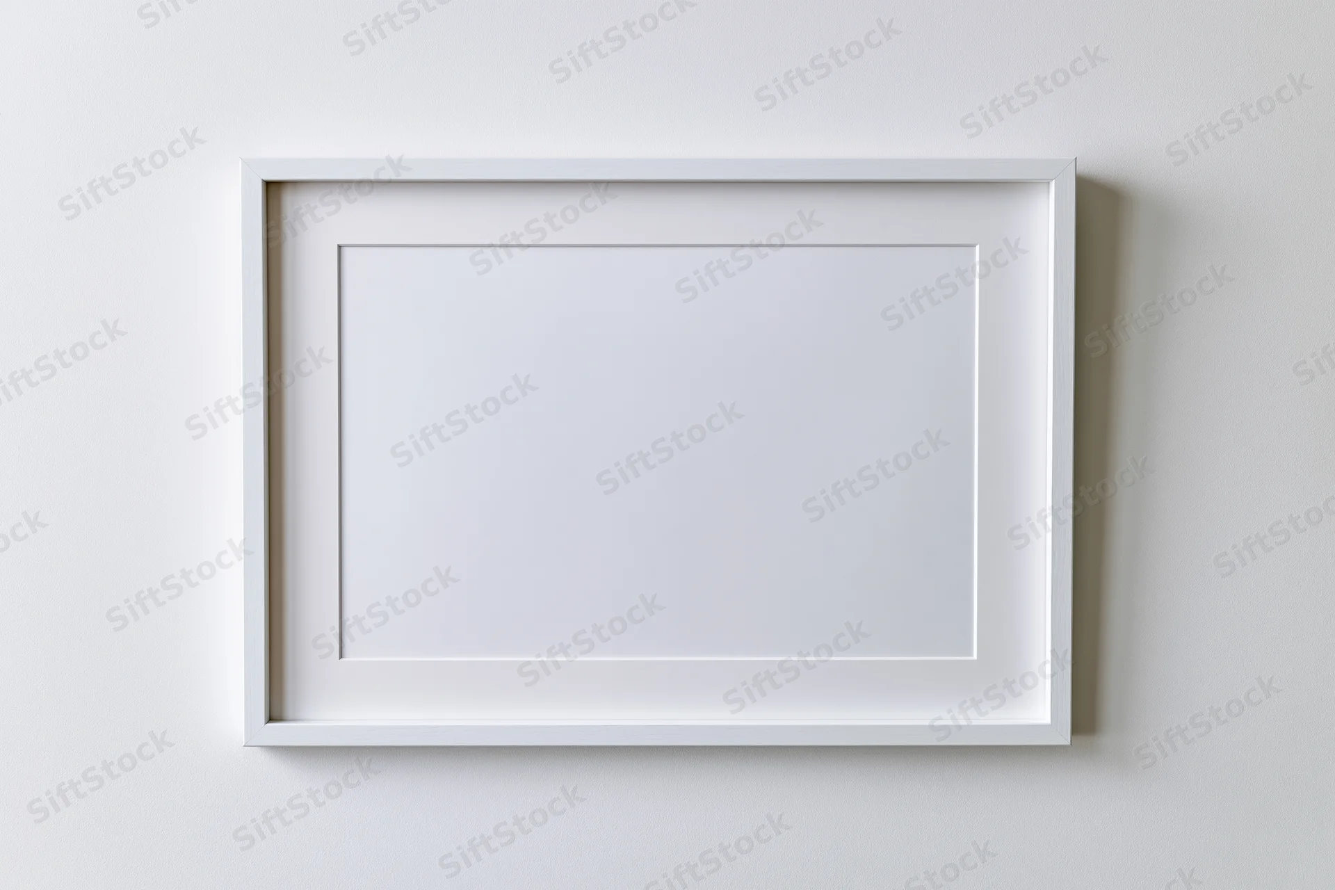White picture frame with mat border hanging on a plain wall