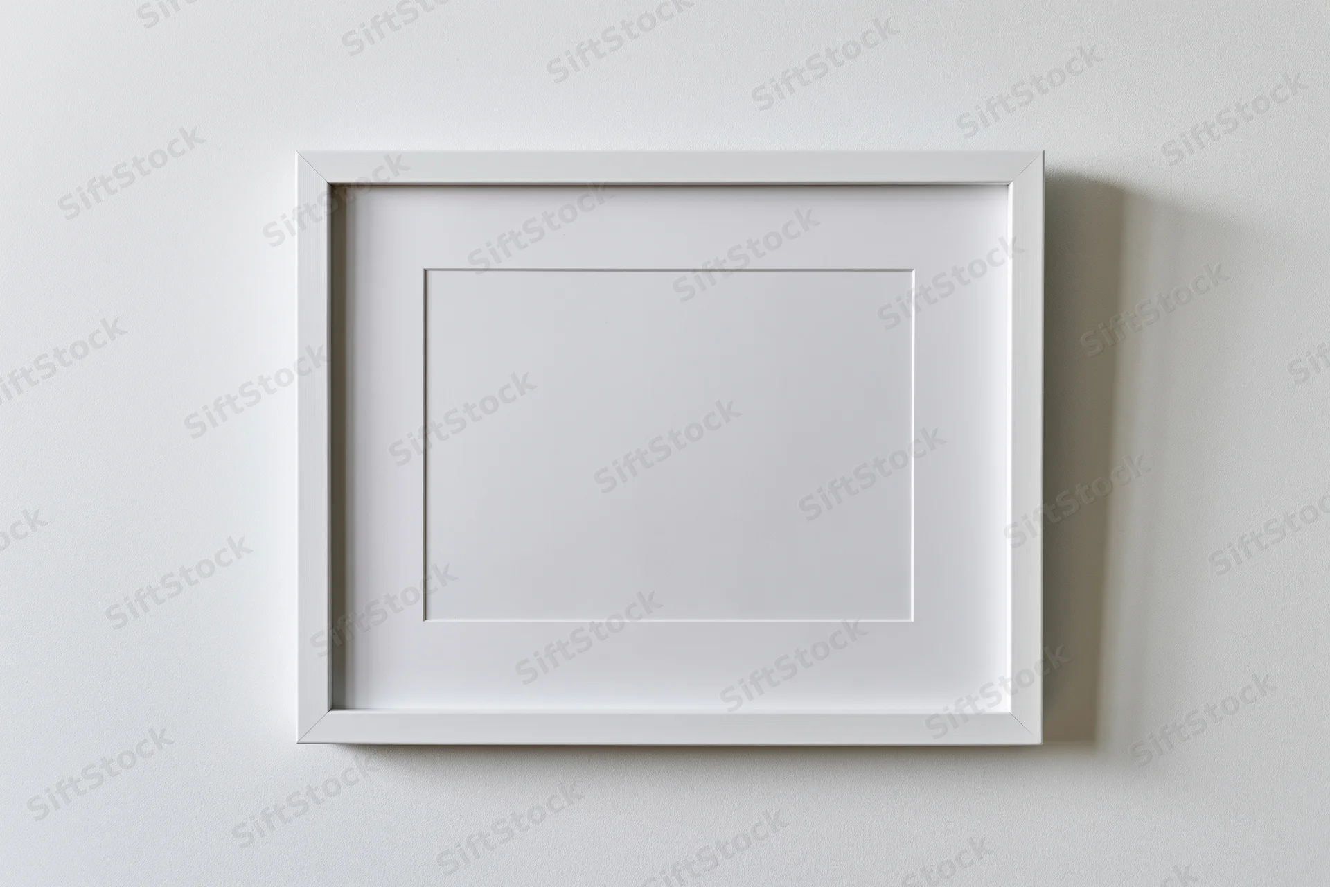 White picture frame with mat border hanging on a plain wall