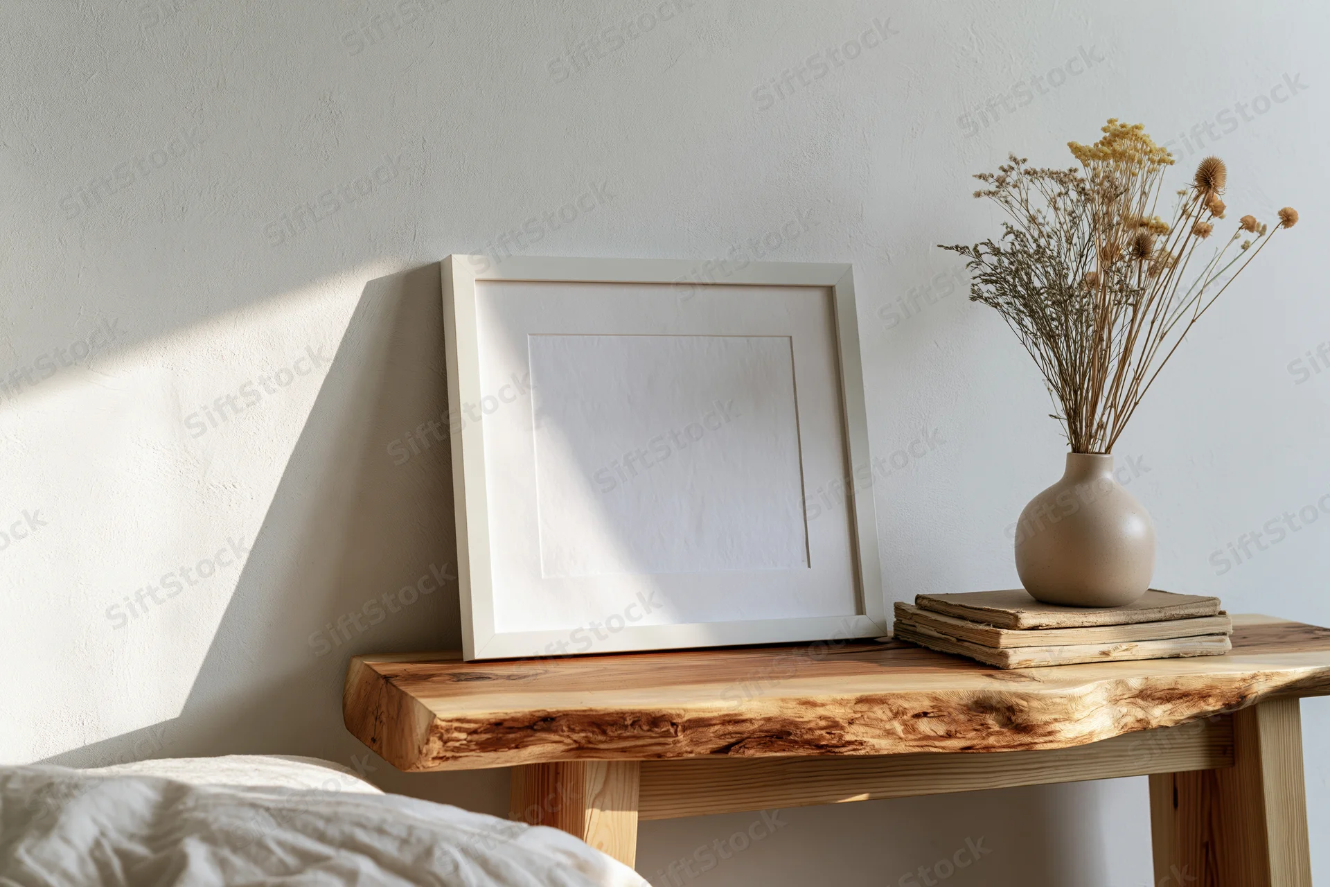 Empty white frame leaning on wooden table beside vase with dried flowers and books in bedroom