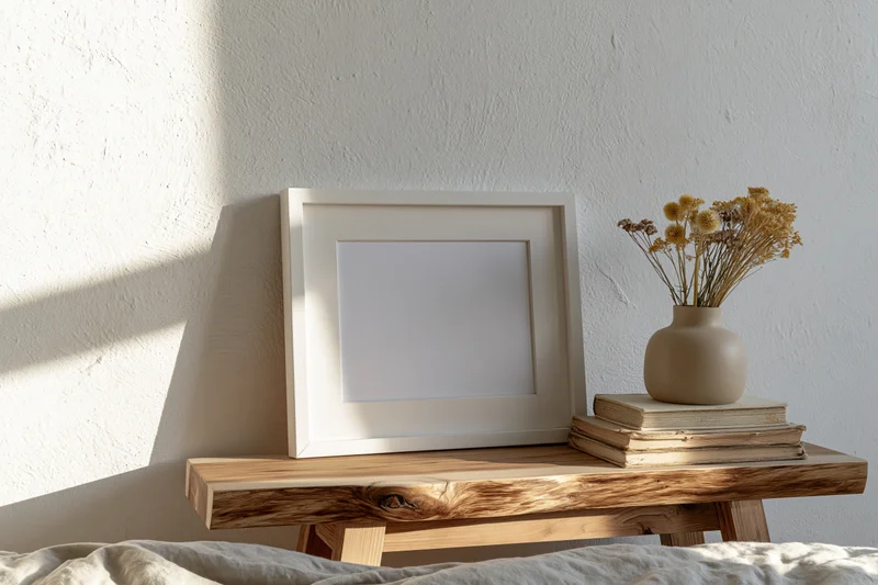 Empty white frame leaning on wooden shelf beside vase of dried flowers and stacked books in bedroom