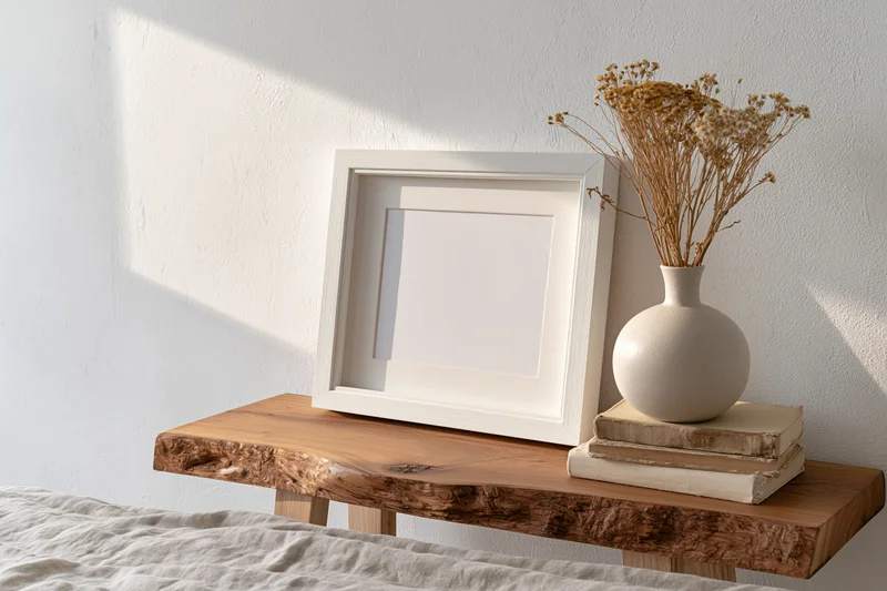 Empty white frame leaning on wooden shelf beside vase with dried flowers and stacked books in bedroom