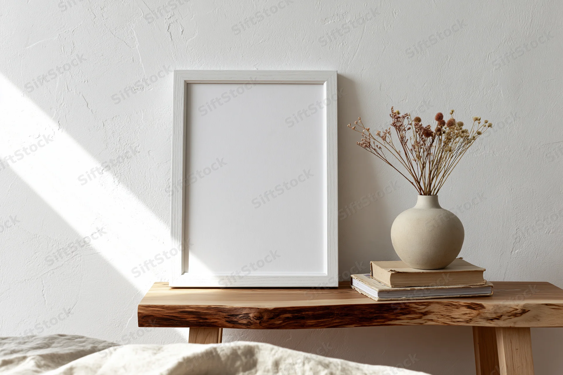 Empty white frame leaning on wooden table beside vase with dried flowers and books in bedroom
