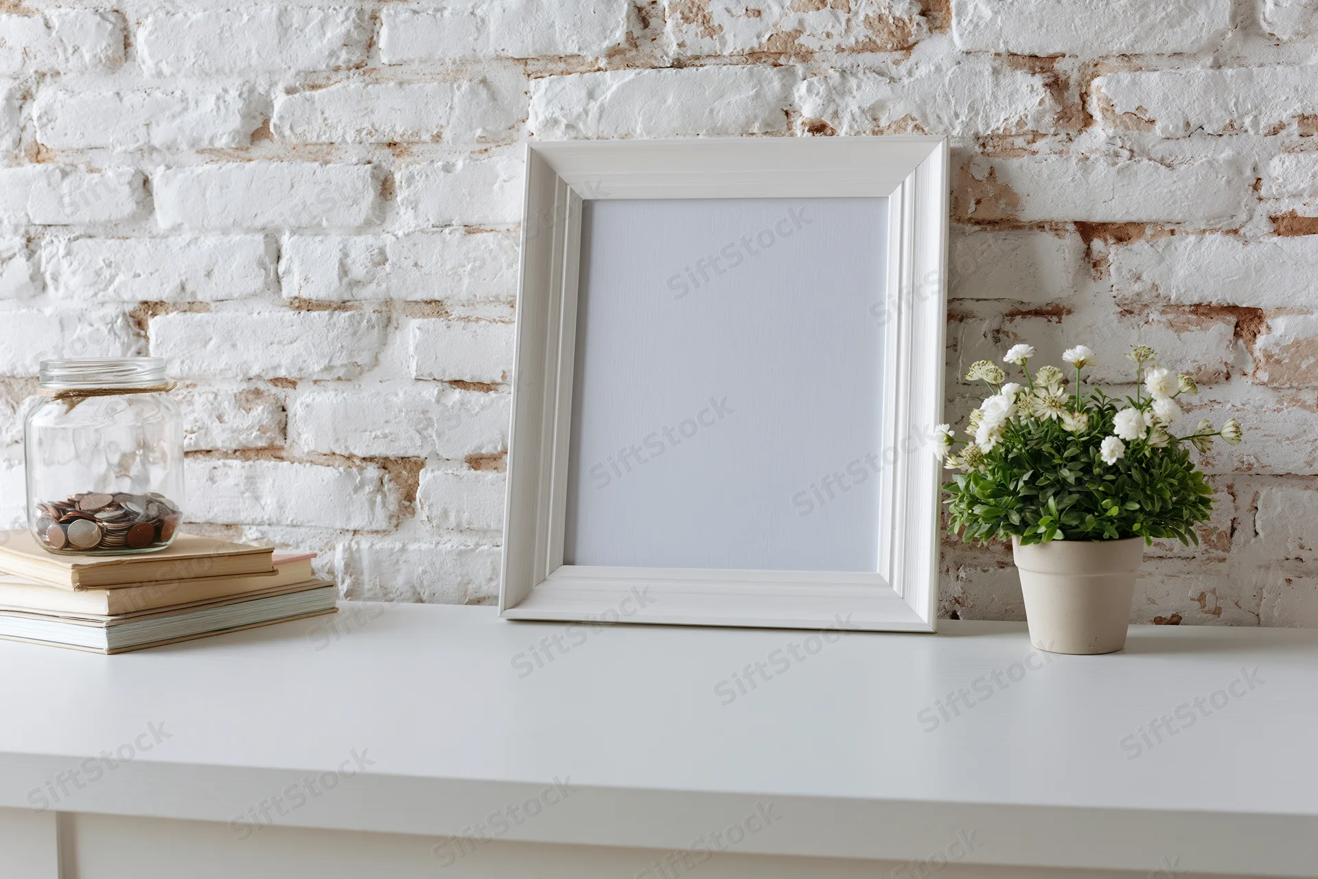 Empty white picture frame leaning on a white shelf against a whitewashed brick wall with books, coins, and a potted plant
