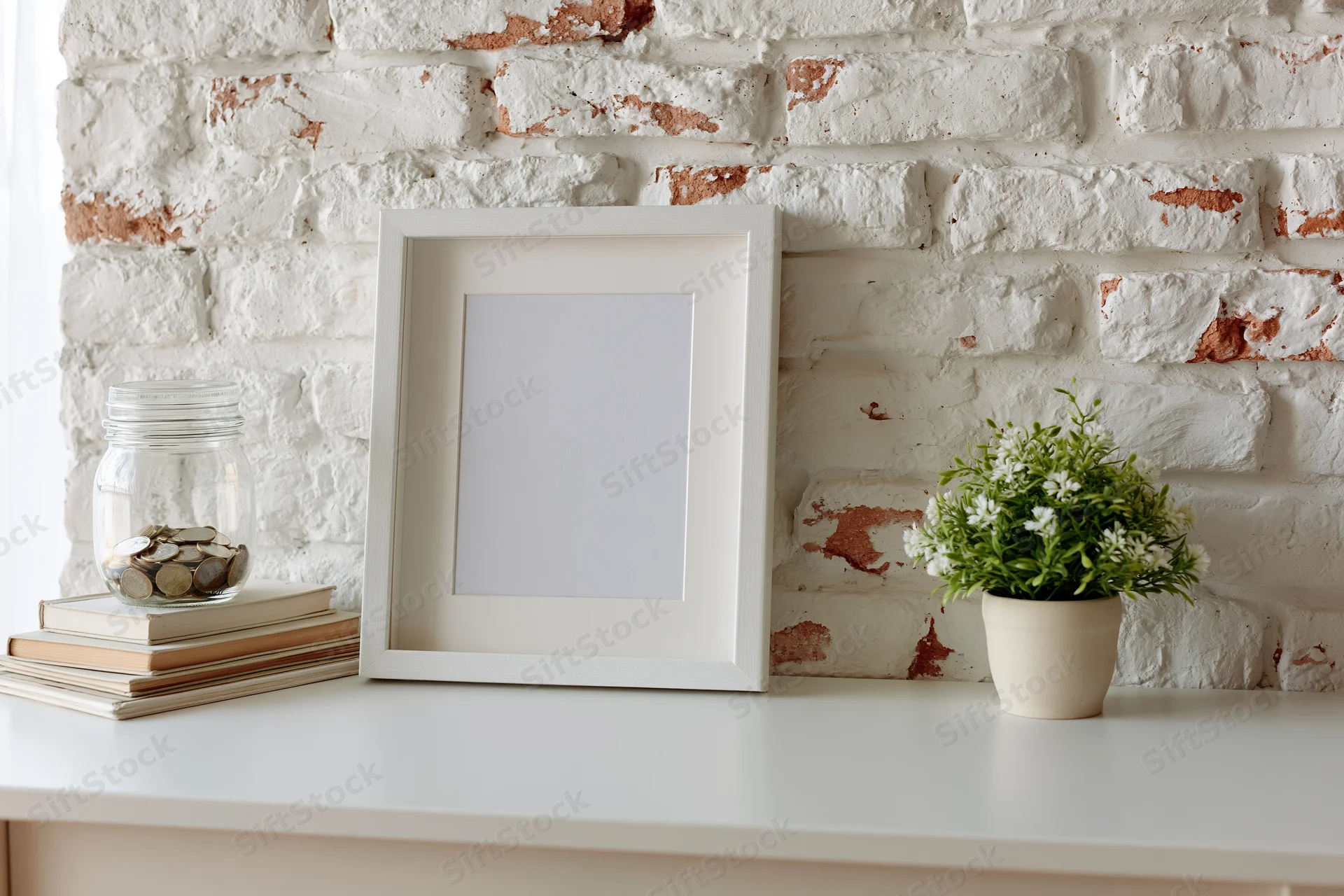 Empty white frame leaning on a shelf beside books, coins in a jar, and a potted plant against a whitewashed brick wall